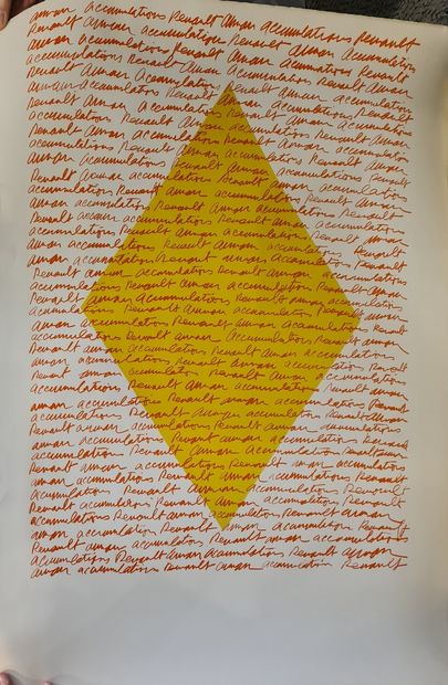  ARMAN (1928-2005) 
Accumulation Renault, 
Affiche de l'exposition Arman accumulations... Gazette Drouot