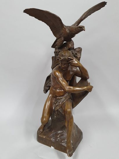 null PICAULT Émile Louis, 1833-1915,
Le penseur,
groupe en bronze à patine brun nuancé...