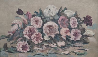 null CHABANIAN Arsène, 1864-1949,
Jeté de fleurs roses,
Huile sur toile (petit accident),...