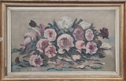 null CHABANIAN Arsène, 1864-1949,
Jeté de fleurs roses,
Huile sur toile (petit accident),...