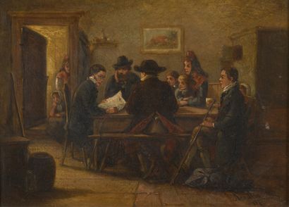 null REDER, XIXe siècle,
Chez le notaire, 1870,
huile sur panneau (traces d'usures),...