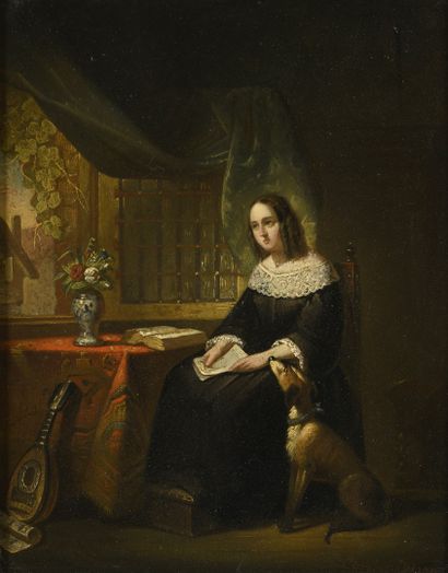 null ECOLE XIXeme siècle 
Jeune femme à la lettre,
huile sur panneau, inscription...