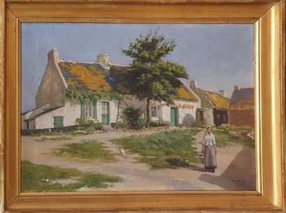 null DUVANEL Jules (1844-?)
Paysanne devant sa ferme 
huile sur toile signée en bas...