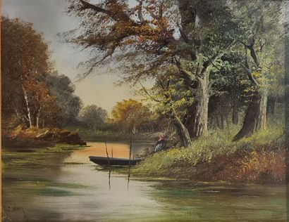 null HENRY L (XIX-XX)
Paysanne en sous bois - Pêcheurs près d'un cours d'eau
Paire...