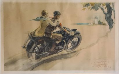 null HAM Geo [Georges HAMMEL] (1900-1972)
Couple à moto
gravure en couelurssignée...