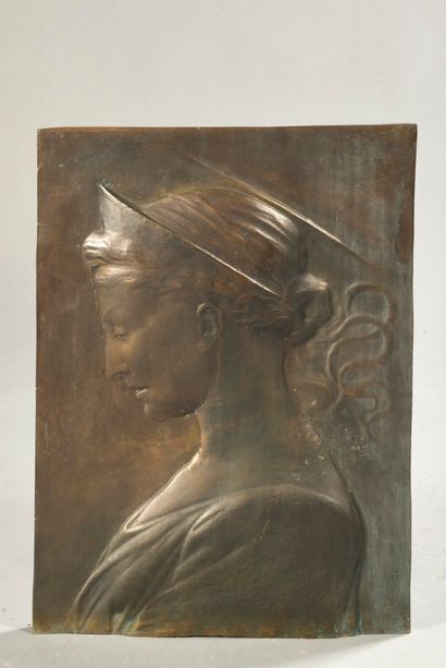 null FALIREAS Vasos, 1905-1979,
Profil de femme,
bas-relief en bronze à patine brune...