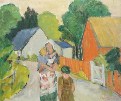 null SELANDER Elsa, 1906-1960,M
ère et enfants au village,
huile sur isorel, signé...