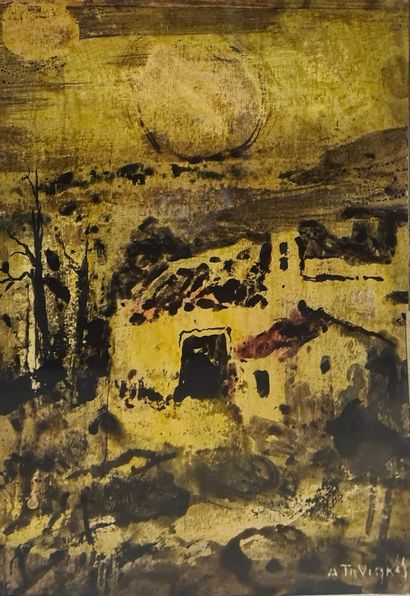 null TINIAKOS Dimitris, 1920-1997,
Landscape at home,
painting on paper (yellowed...