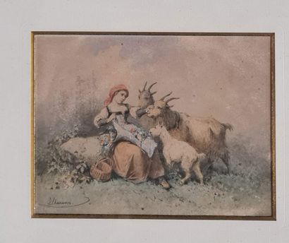 null MARONN J. (XIX-XX) 
La gardienne de chèvres 
Aquarelle sur papier, signé en...