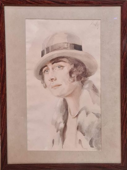 null ECOLE MODERNE [SLANAHAI]
Portrait de femme au chapeau gris 
Aquarelle sur papier,...