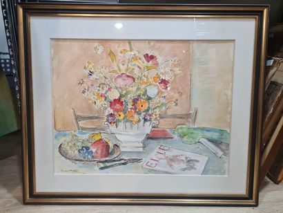null BRETON Vincent (né en 1919)
Table aux fruits et au bouquet 
Aquarelle sur papier,...