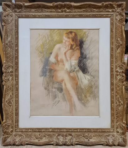 null THIEY Yves (XIX-XX)
Seated nude,
grease pencil on beige paper, signed lower...