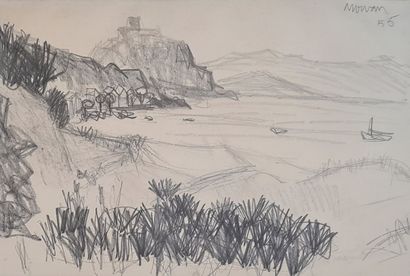 null MORVAN Jean-Jacques (1928-2005)
Cabins on the beach, 55
grease pencil on paper,...