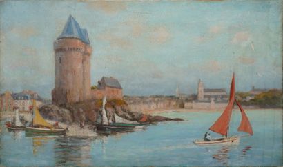null ANONYMOUS,
Sailboats in front of the Solidor Tower in Saint-Servan,
oil on canvas...
