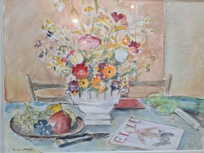 null BRETON Vincent (né en 1919)
Table aux fruits et au bouquet 
Aquarelle sur papier,...