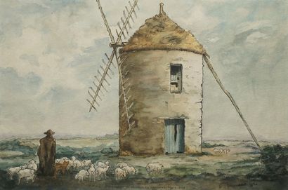 null HACQUEBART Jean, XXe siècle,
Moulin du seigneur, en Camaret, Finistère, 1940,
aquarelle,...