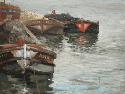 null ANONYMOUS early 20th century,
Barges at the quay,
oil on cardboard, unsigned,...