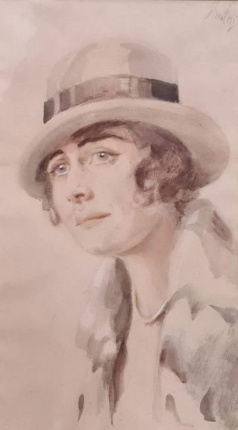 null ECOLE MODERNE [SLANAHAI]
Portrait de femme au chapeau gris 
Aquarelle sur papier,...
