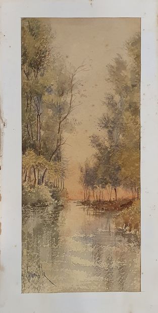 null JEANNOLLE H (XIX-XXth)

River view at dusk, 
Watercolor paper signed in the...