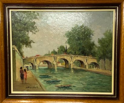 null CHANTERELLE Lucien
Fishermen on the river bank - Pont Marie 
Oil on panel and...