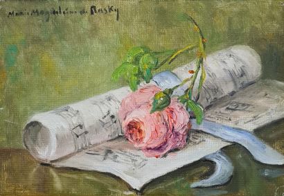 null DE RASKY Marie Madeleine (1897-1982)
Roses and newspaper 
Oil on canvas signed...