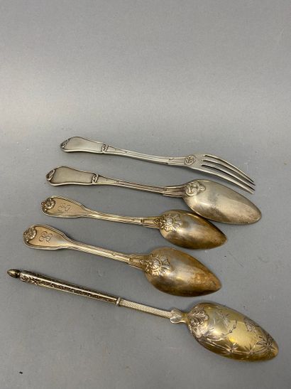 4 silver spoons, 3 of which are partially...