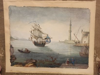 null FRENCH SCHOOL of the 19th century
View of a port with a ship in the harbor 
Gouache...