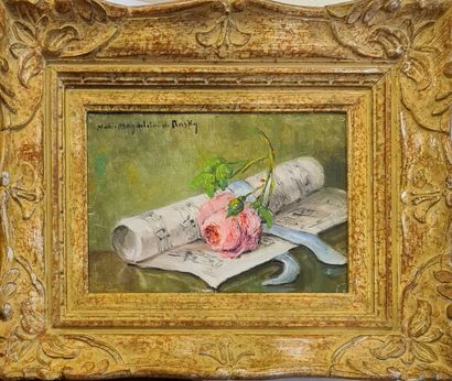 null DE RASKY Marie Madeleine (1897-1982)
Roses and newspaper 
Oil on canvas signed...
