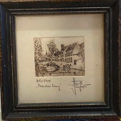 Salvador Dali Lot including : 
- a miniature "View of Brugges", engraving
10 x 10...