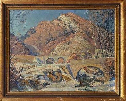 null MULLER A (XX-XXI)
Bridge in the mountains 
Oil on panel signed lower left 
stains...
