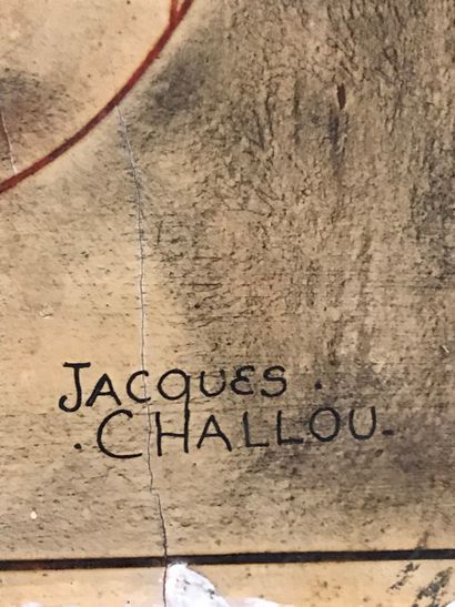 null Jacques CHALLOU
Bouquet de tulipes et pêches. Panneau en bois laque et incise...