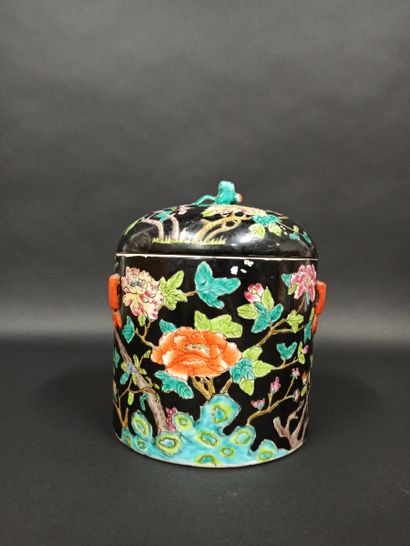Pot couvert en porcelaine à décor de fleurs et papilons flanqué de deux anses sur...