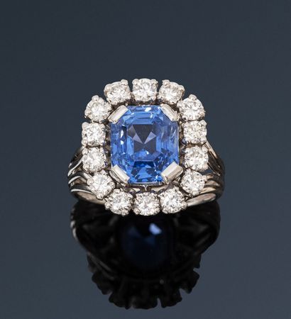null Ring in platinum wire, decorated with a sapphire surrounded by 14 round brilliant...