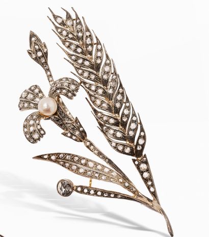 null Large silver and 14K (585) gold brooch depicting a flower and an ear of wheat,...