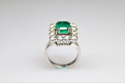 null 18K (750) white gold ring, set with a rectangular emerald, surrounded by 12...