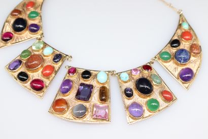 null Necklace of geometrical plates in 9K gold (375) set with glass paste cabochons...