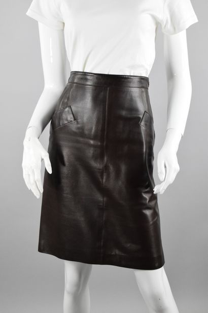 null YVES SAINT LAURENT Left Bank 
Circa 1980

Smooth chocolate leather skirt with...