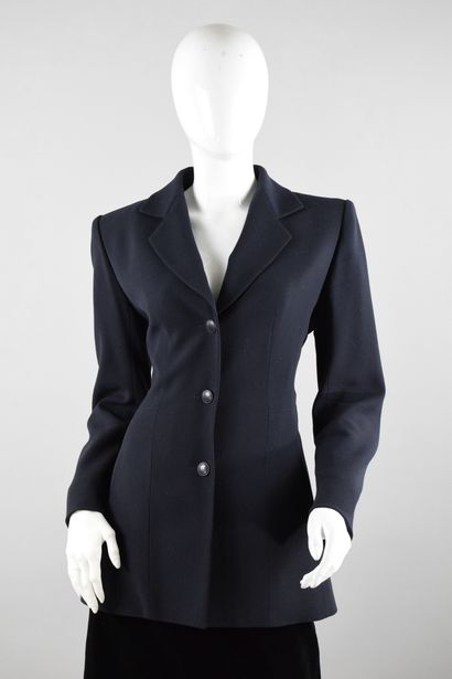 null HERMES PARIS 
Circa end of 1980

Long jacket in navy wool with three buttons,...
