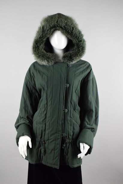 null CHRISTIAN DIOR 
Circa 1980

Green hooded jacket with green dyed fox border....