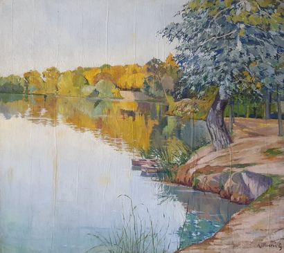 null OLIVERAS GUART Angel (1900-1990)
Bord d'étang 
Huile sur toile, signée en bas...