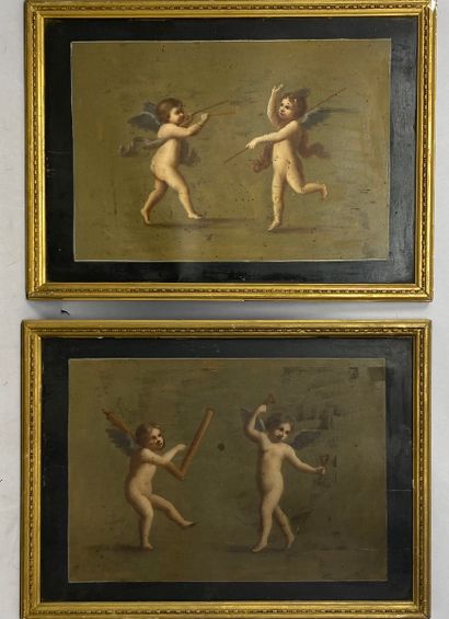 null Ecole XIXème 
Amours et femmes vêtues à l'antique 
6 peintures sur carton 
32,5...