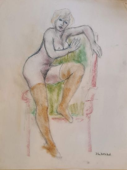 null LANIAU Jean (born 1931)
Nude with a green armchair 
Grease pencil on paper,...