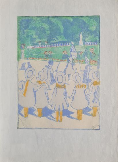 null BAILLY Alice, 1872-1938
Girls playing in the Luxembourg garden
woodcut in colors...