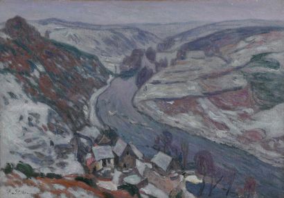 null PAILLER Henri, 1876-1954
Le moulin Barrat et la Creuse sous la neige, Crozant,...