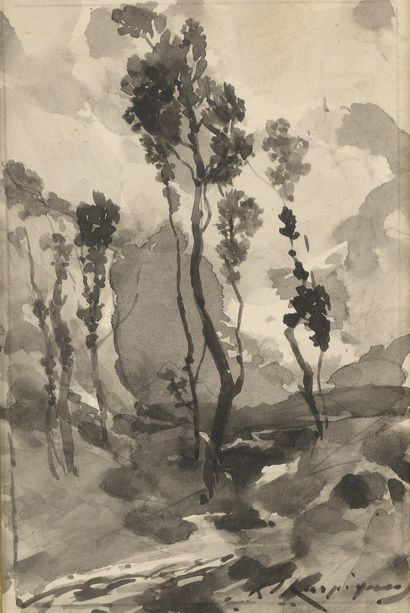 null HARPIGNIES Henri Joseph, 1819-1916
Arbres
plume et lavis d’encre noire (traces...