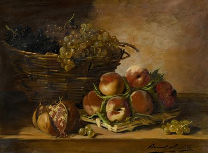 null BRUNEL DE NEUVILLE Alfred Arthur, 1852-1941
Peaches, grapes and pomegranate
oil...