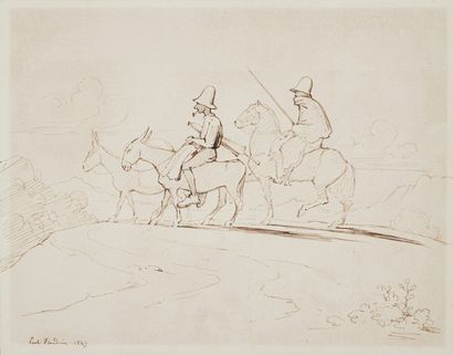 null FLANDRIN Paul, 1811-1902
Travelers on a Donkey, two pen and ink drawings on...
