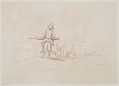null FLANDRIN Paul, 1811-1902
Travelers on a Donkey, two pen and ink drawings on...