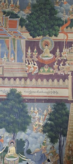 null THAILANDE - XIXe siècle
Détrempe et couleurs sur toile, représentant des scènes...