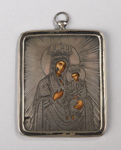 null Icon of the Virgin and Child in majesty. Icon of travel enamelled on metal with...